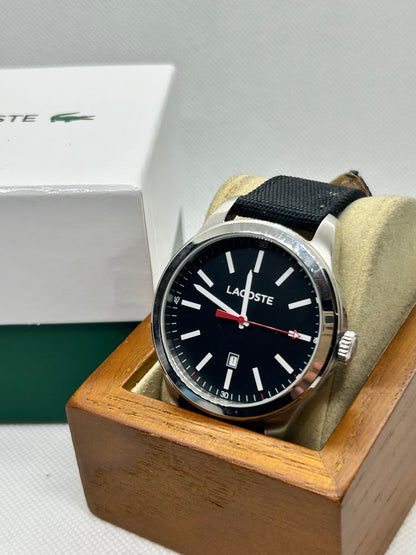 Lacoste men’s quartz watch black dial and black strap with box