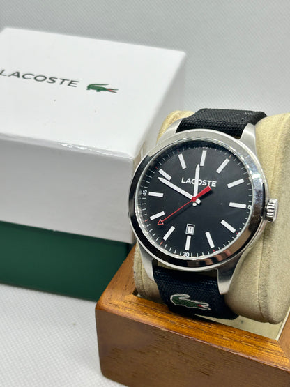 Lacoste men’s quartz watch black dial and black strap with box