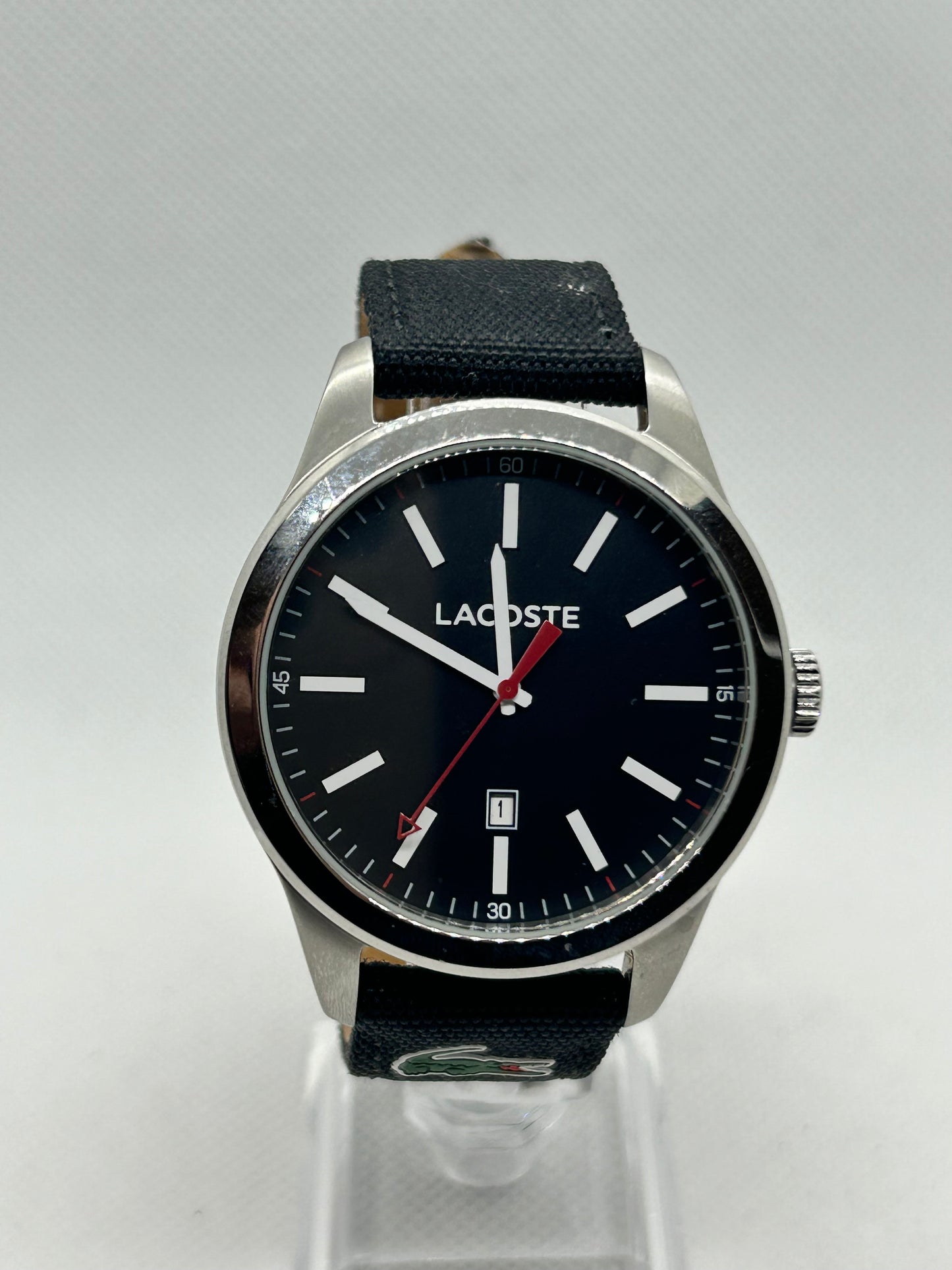 Lacoste men’s quartz watch black dial and black strap with box