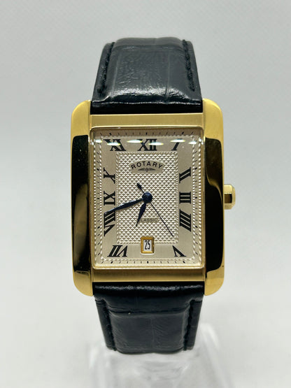 Rotary men’s quartz tank watch gold case with date function and black strap, with box