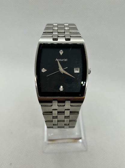 Accurist silver quartz watch with black dial, with box