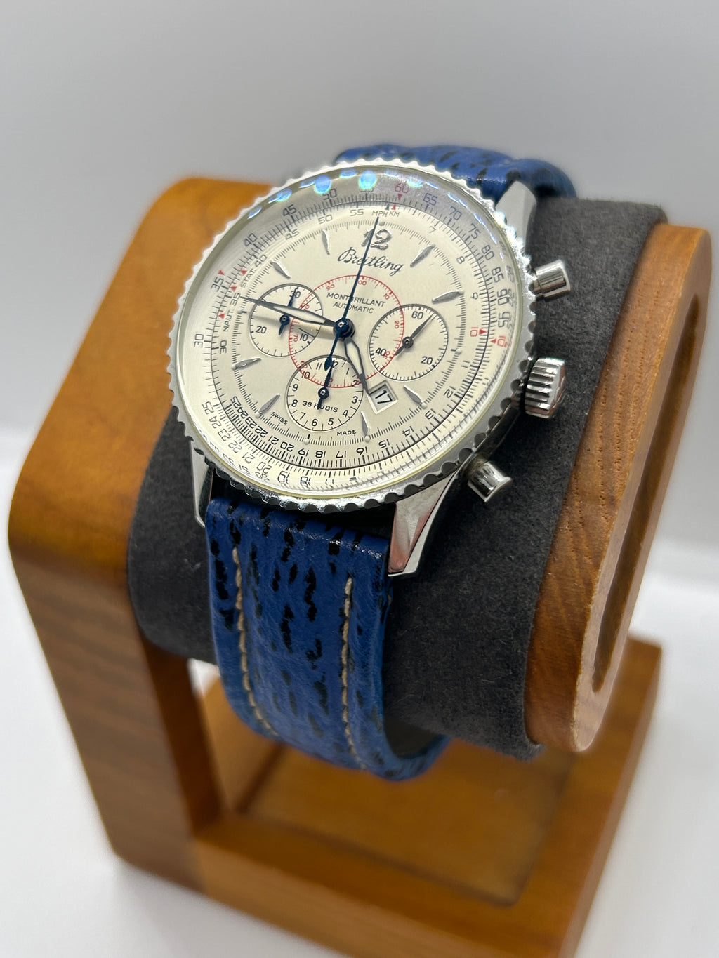 Breitling watch Montbrilliant 38mm automatic silver case white dial blue leather strap