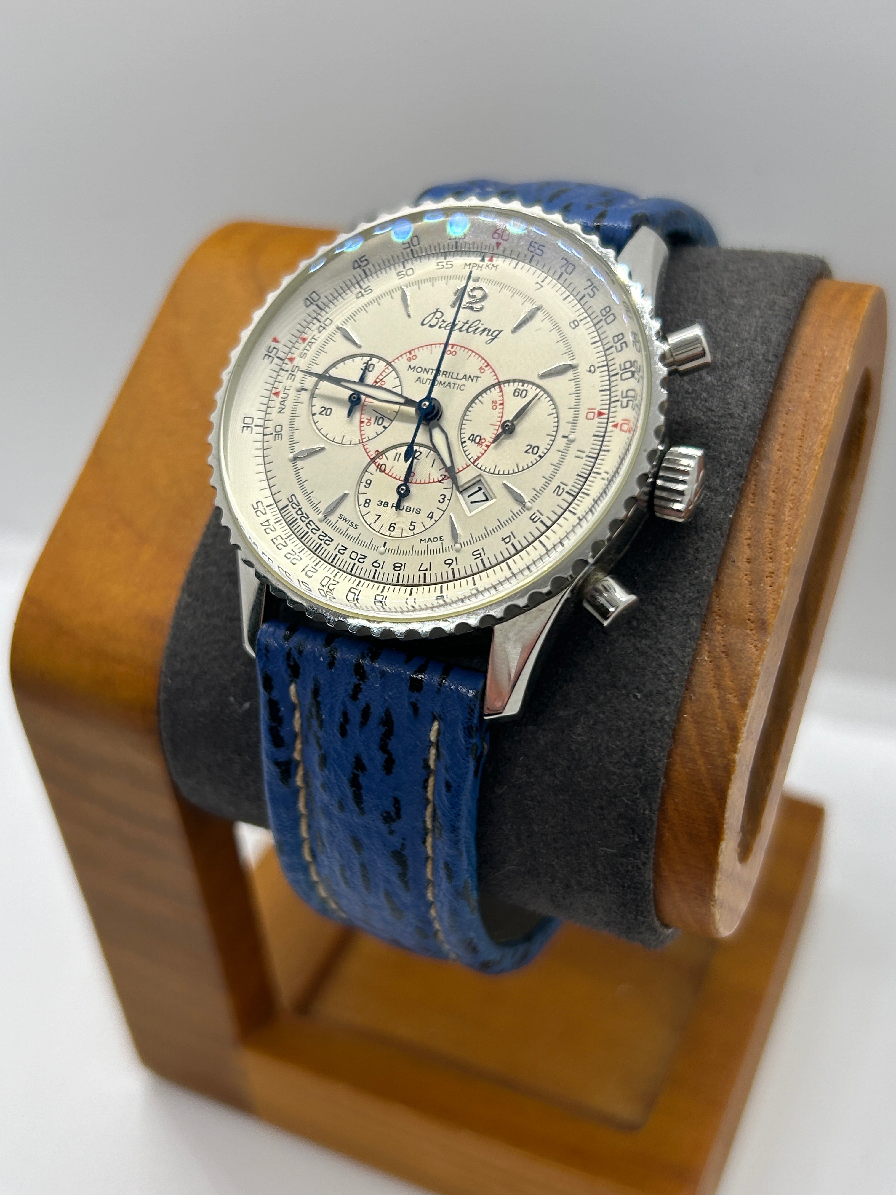 Breitling watch Montbrilliant 38mm automatic silver case white dial blue leather strap