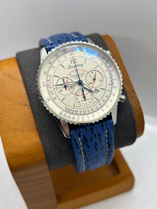 Breitling watch Montbrilliant 38mm automatic silver case white dial blue leather strap