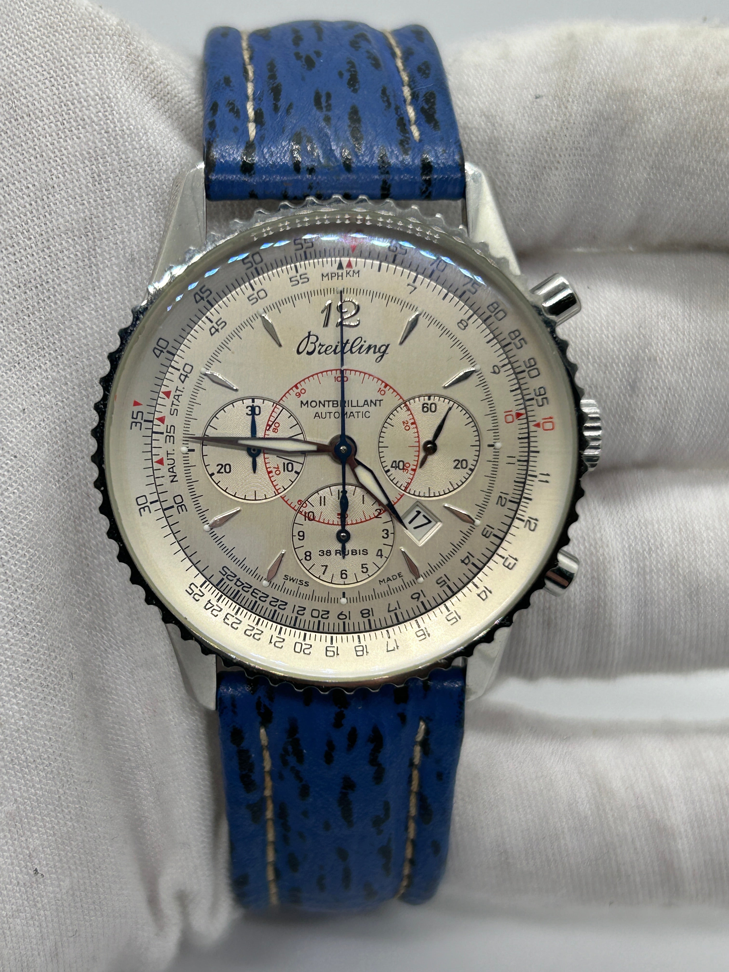 Breitling watch Montbrilliant 38mm automatic silver case white dial blue leather strap