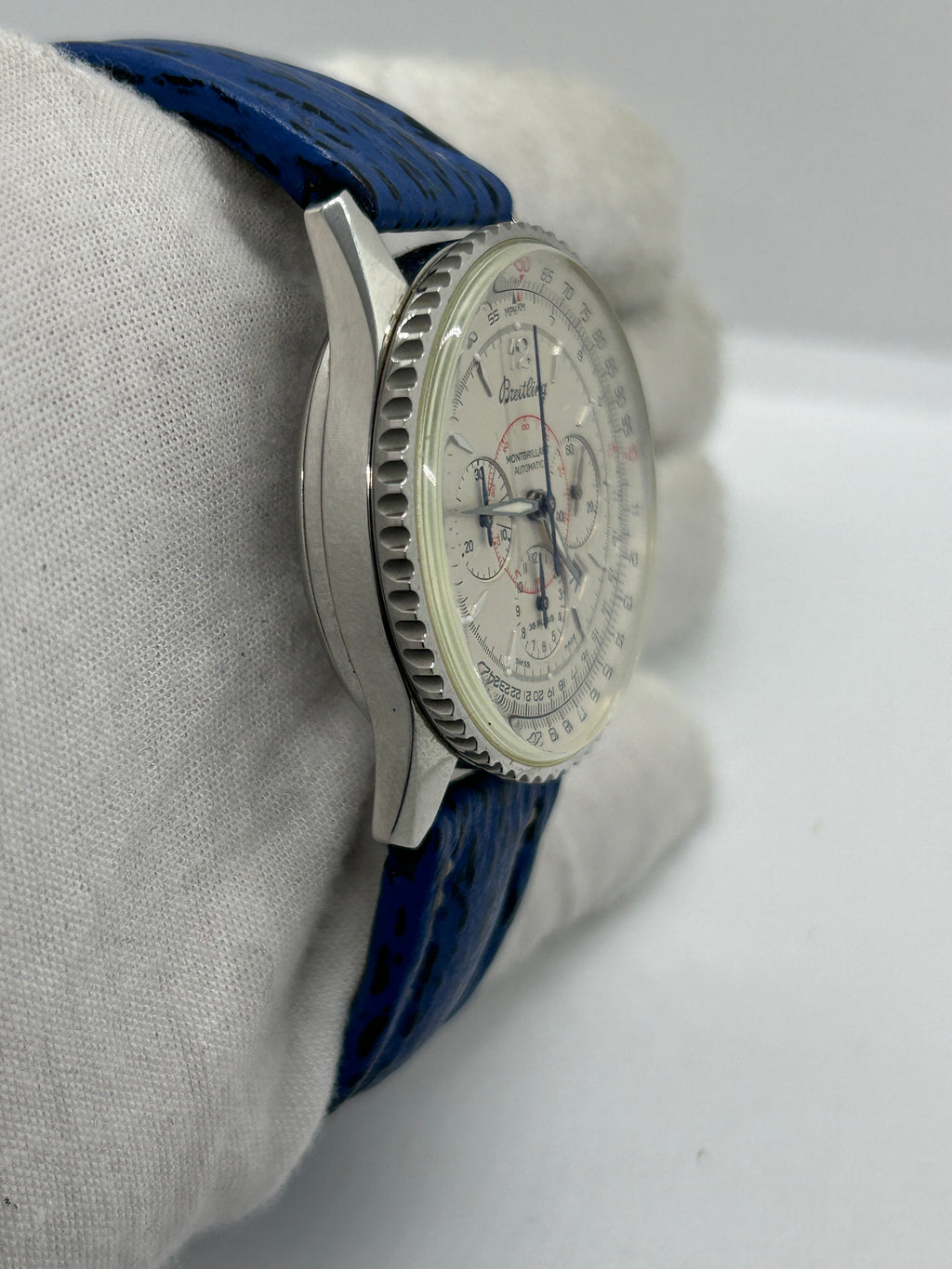 Breitling watch Montbrilliant 38mm automatic silver case white dial blue leather strap