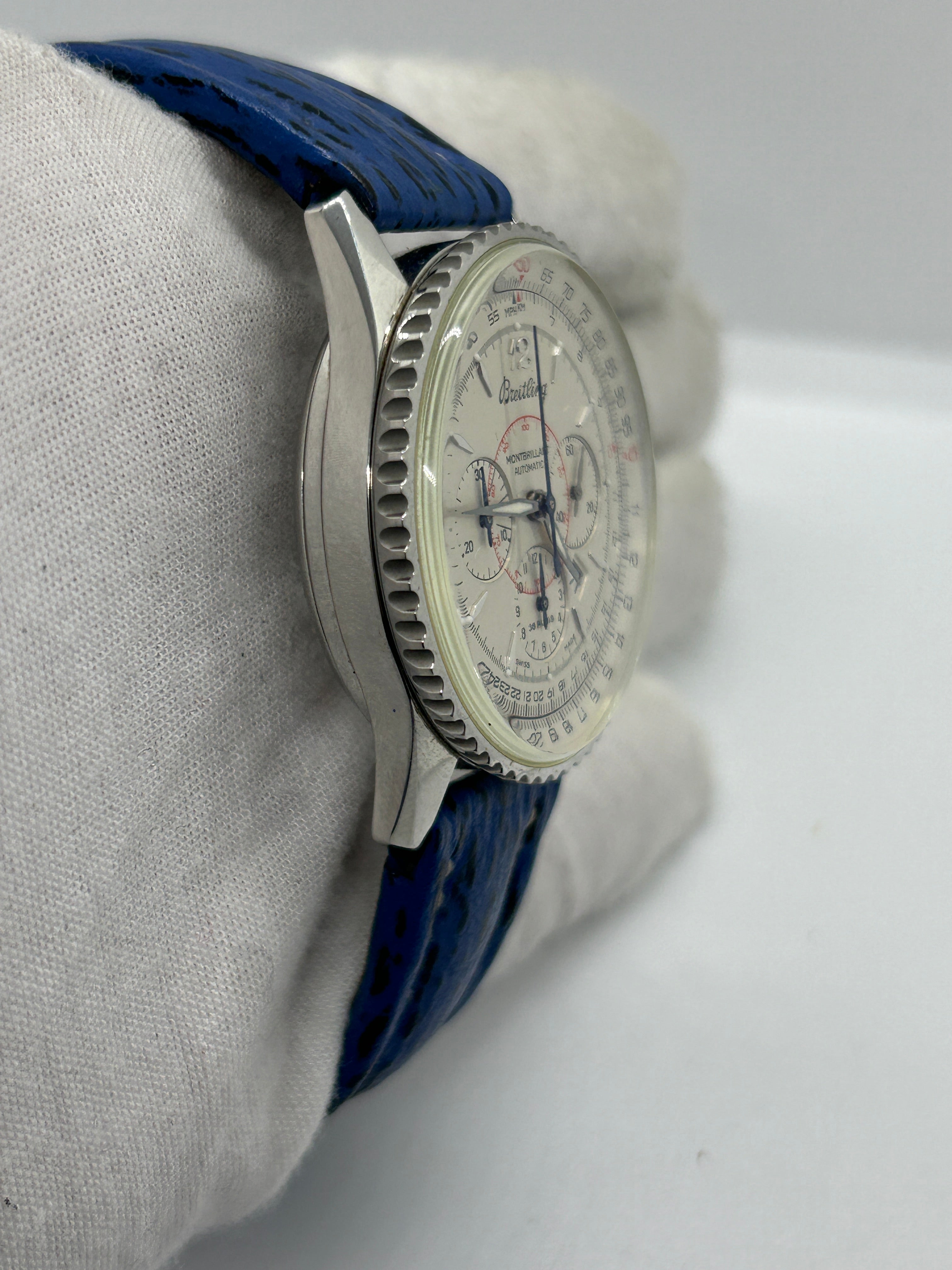 Breitling watch Montbrilliant 38mm automatic silver case white dial blue leather strap
