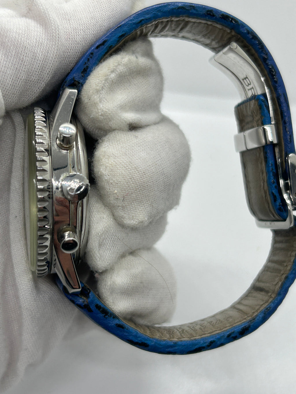 Breitling watch Montbrilliant 38mm automatic silver case white dial blue leather strap