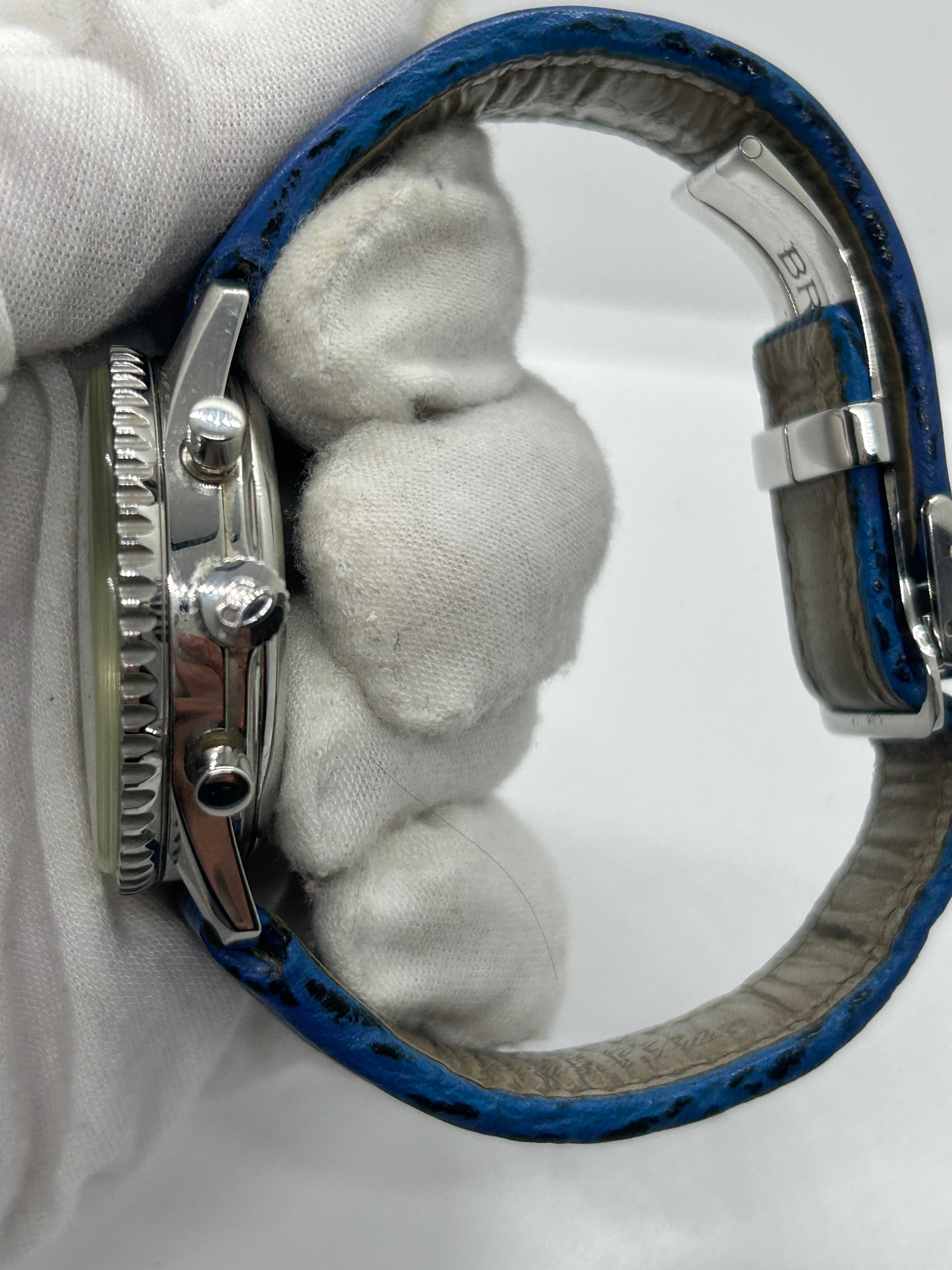 Breitling watch Montbrilliant 38mm automatic silver case white dial blue leather strap