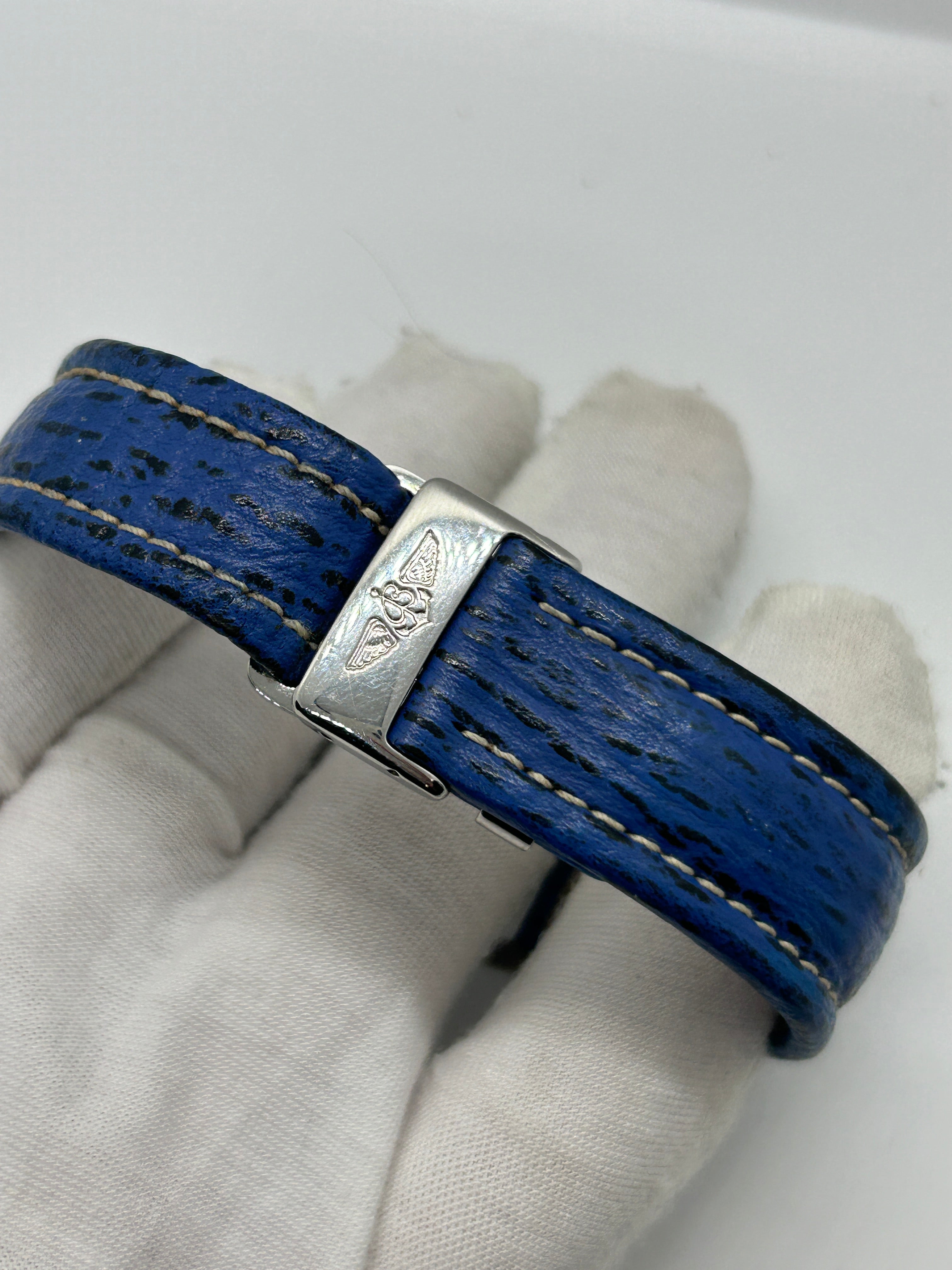 Breitling watch Montbrilliant 38mm automatic silver case white dial blue leather strap