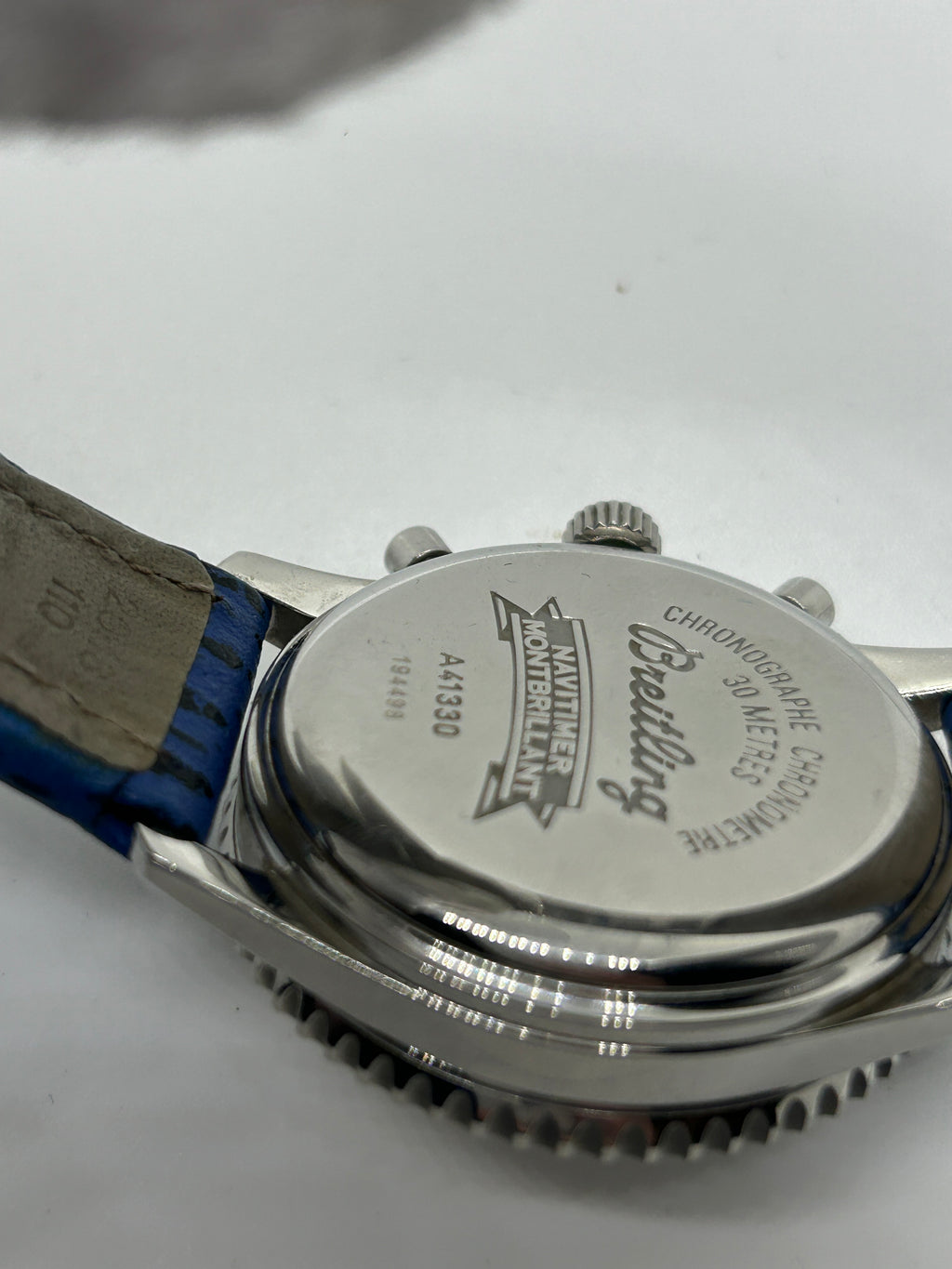 Breitling watch Montbrilliant 38mm automatic silver case white dial blue leather strap