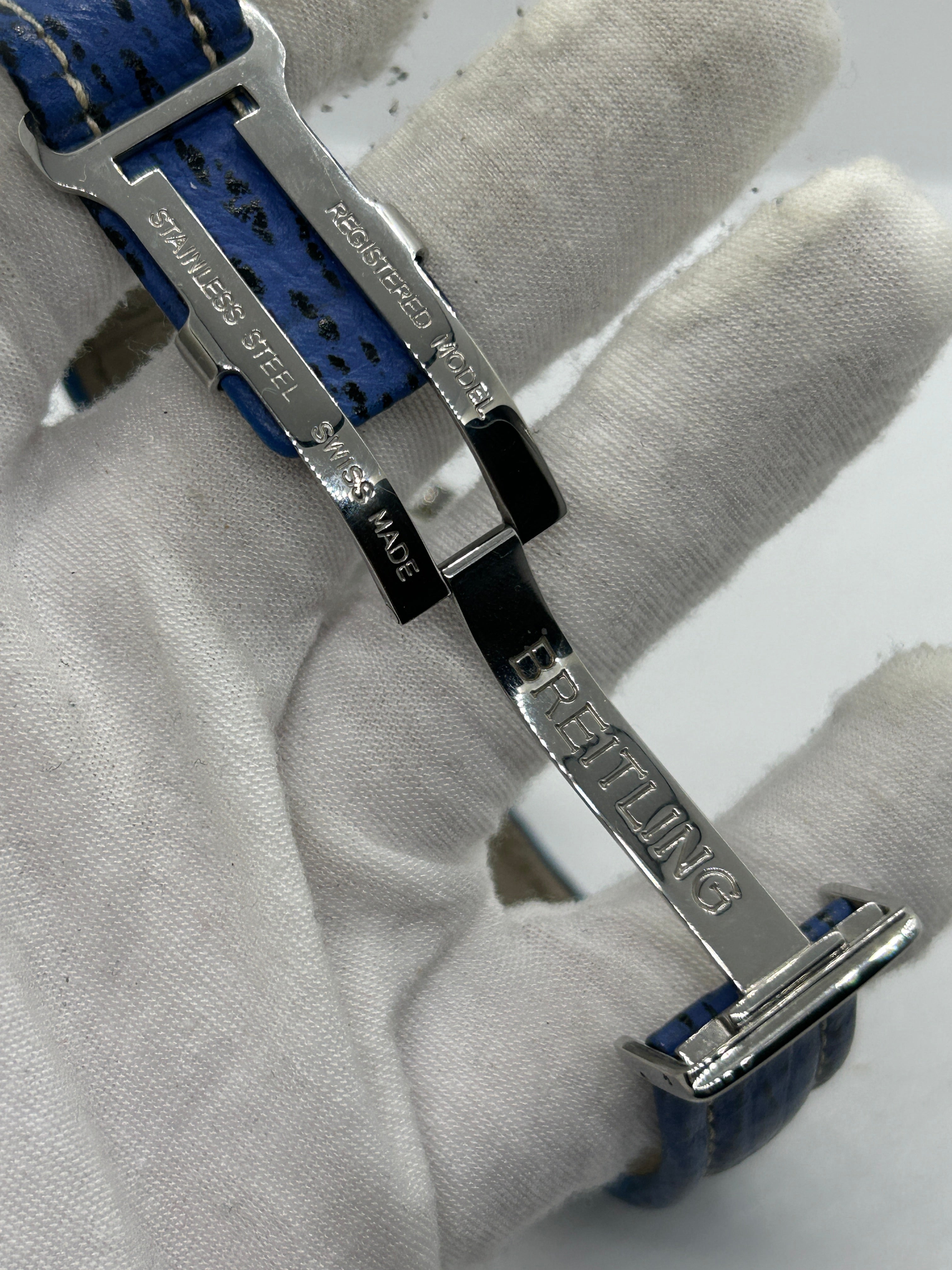 Breitling watch Montbrilliant 38mm automatic silver case white dial blue leather strap