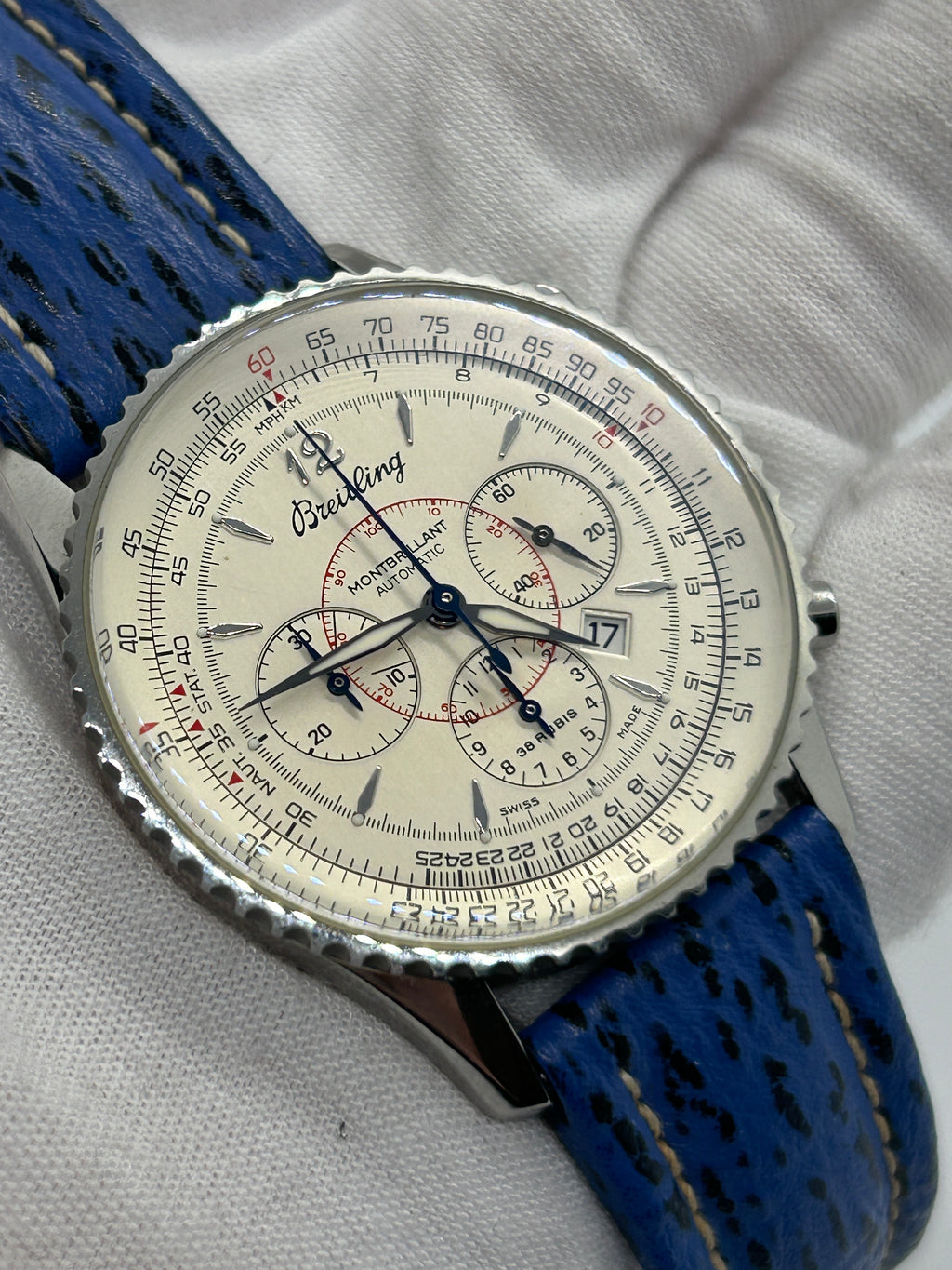 Breitling watch Montbrilliant 38mm automatic silver case white dial blue leather strap