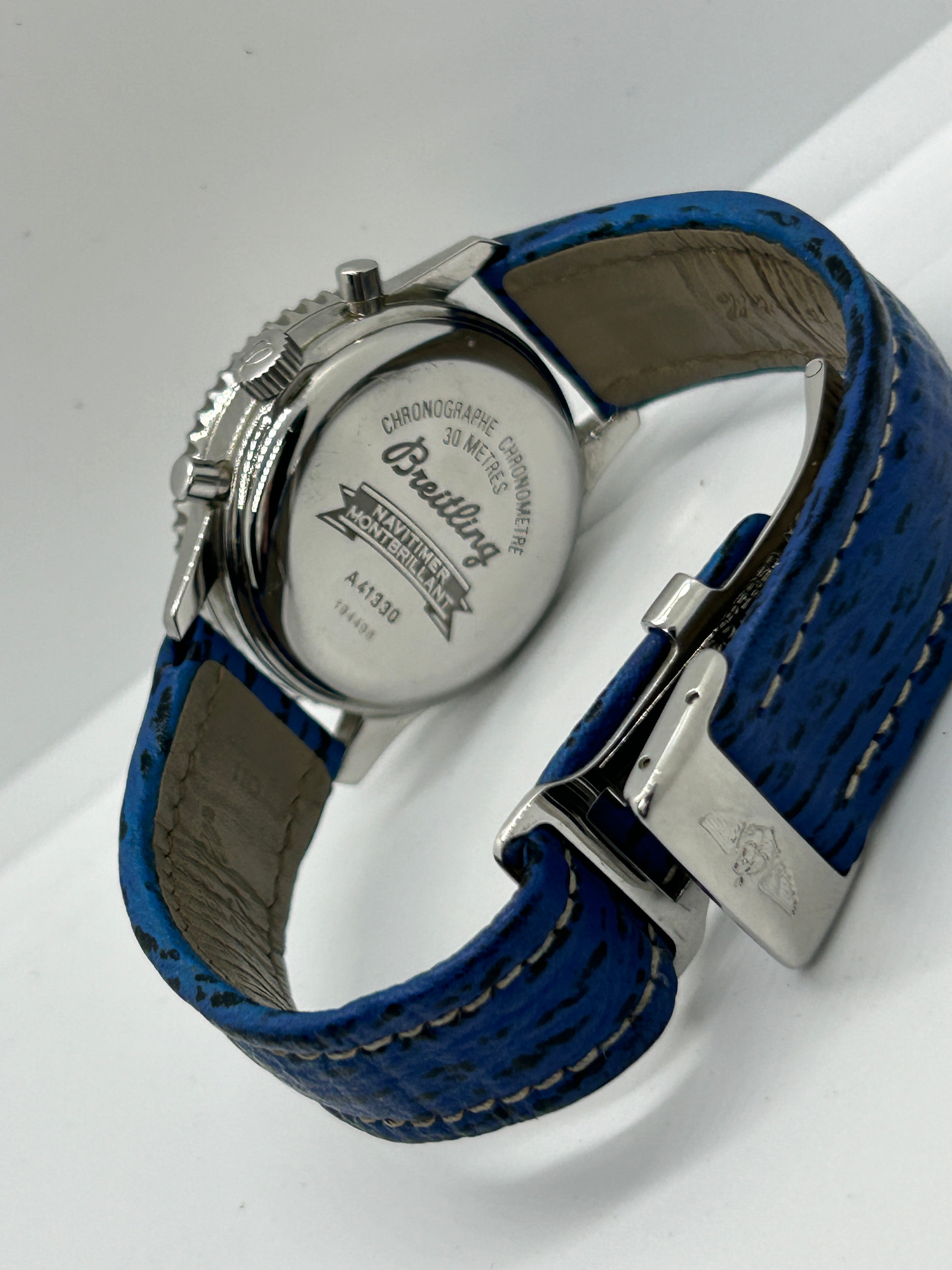 Breitling watch Montbrilliant 38mm automatic silver case white dial blue leather strap