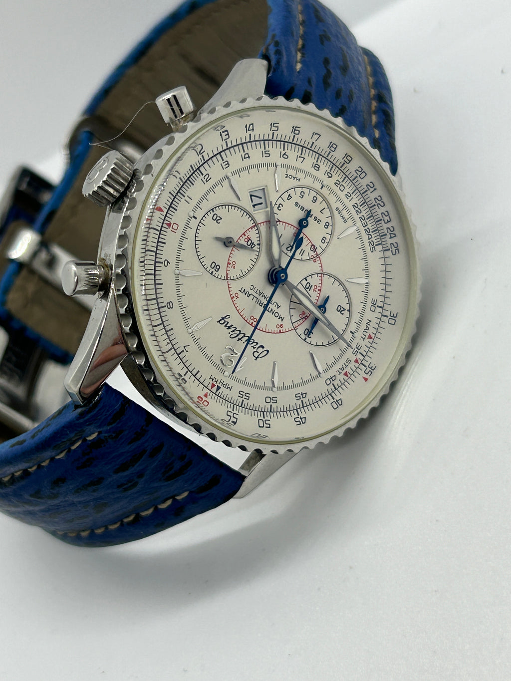 Breitling watch Montbrilliant 38mm automatic silver case white dial blue leather strap