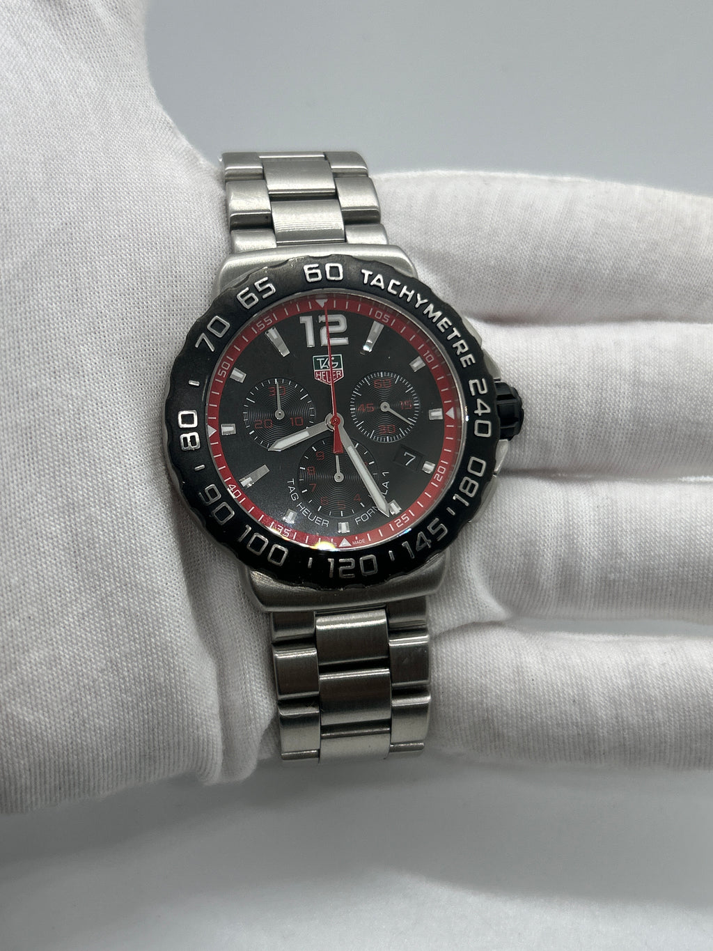 Tag Heuer CAU1116 chronograph silver watch black and red dial with box and papers