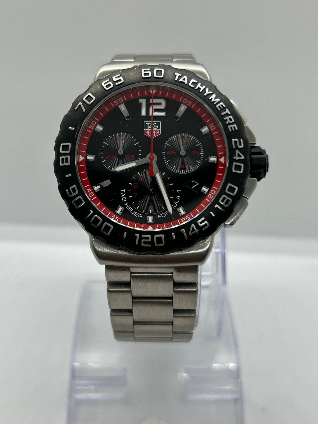Tag Heuer CAU1116 chronograph silver watch black and red dial with box and papers
