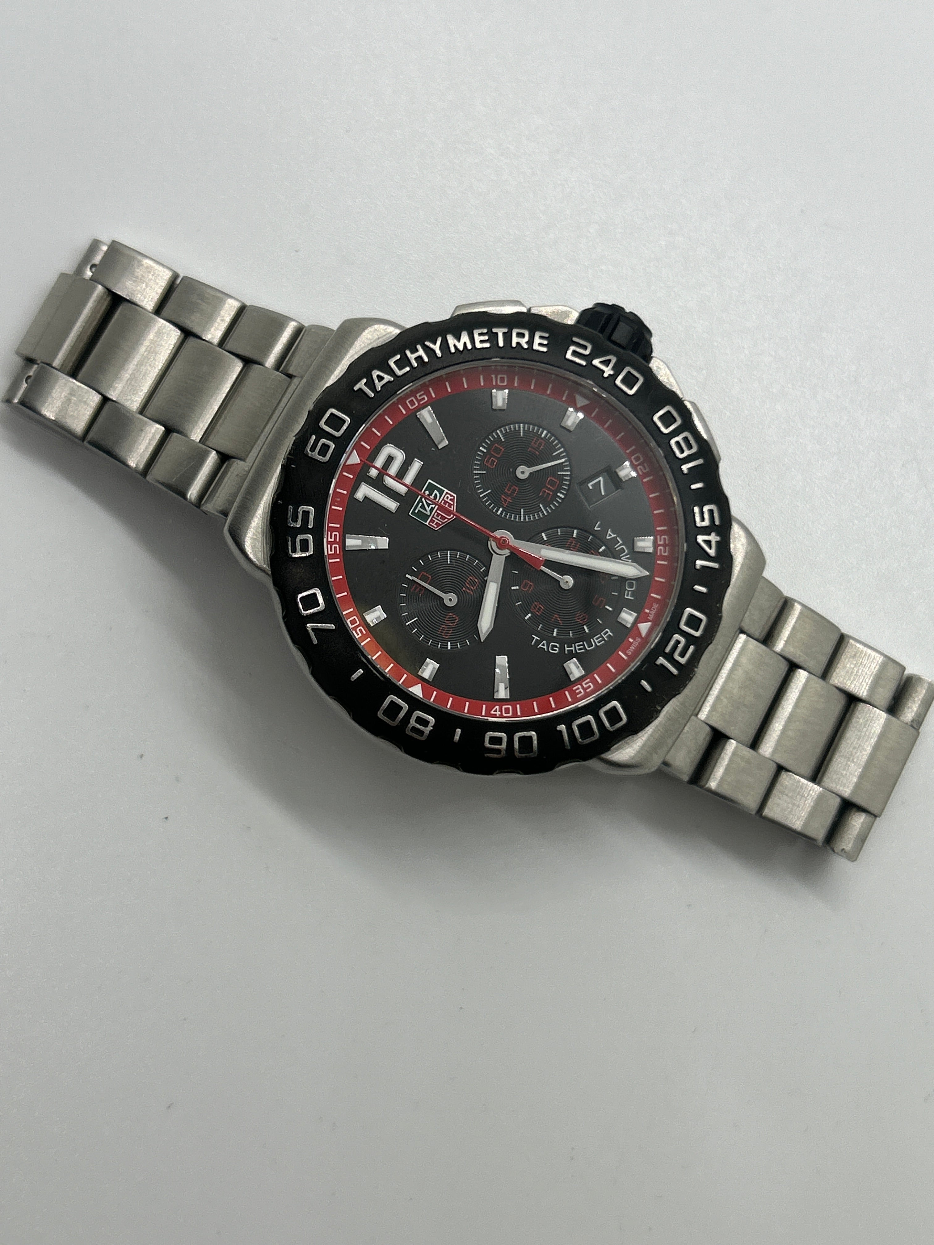 Tag Heuer CAU1116 chronograph silver watch black and red dial with box and papers