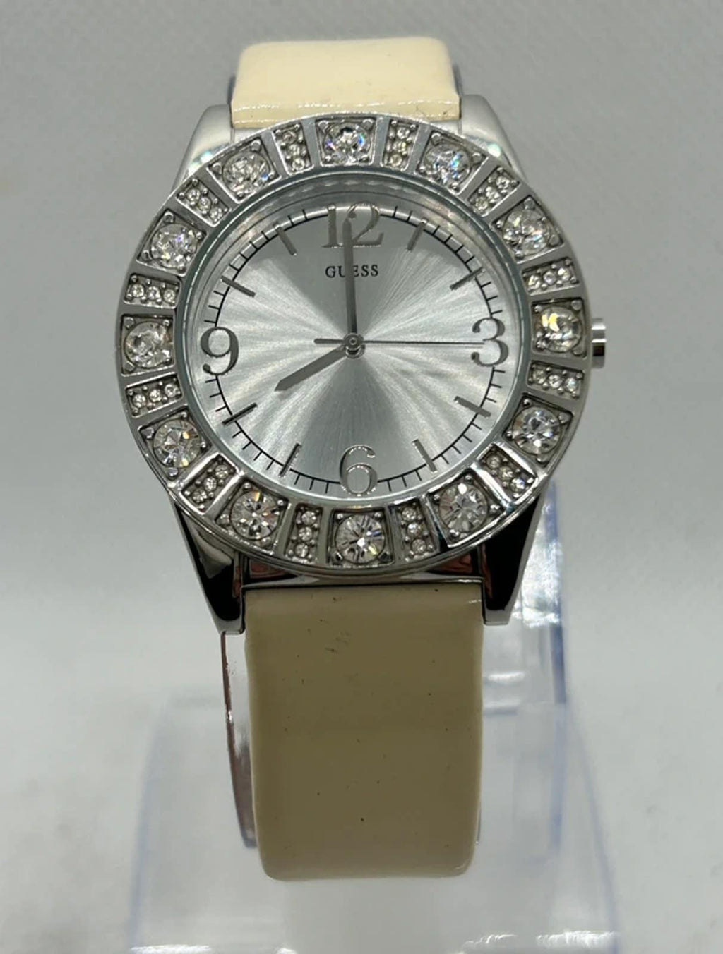 Lovely Ladies Guess silver watch diamanté style bezel with box and papers