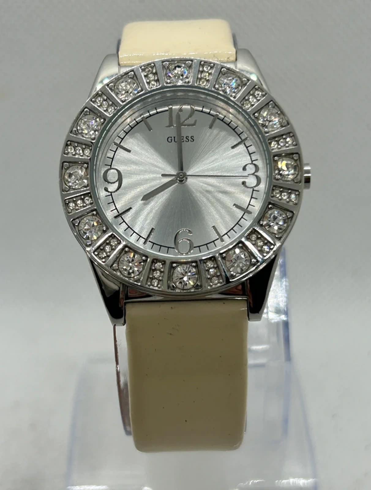 Lovely Ladies Guess silver watch diamanté style bezel with box and papers