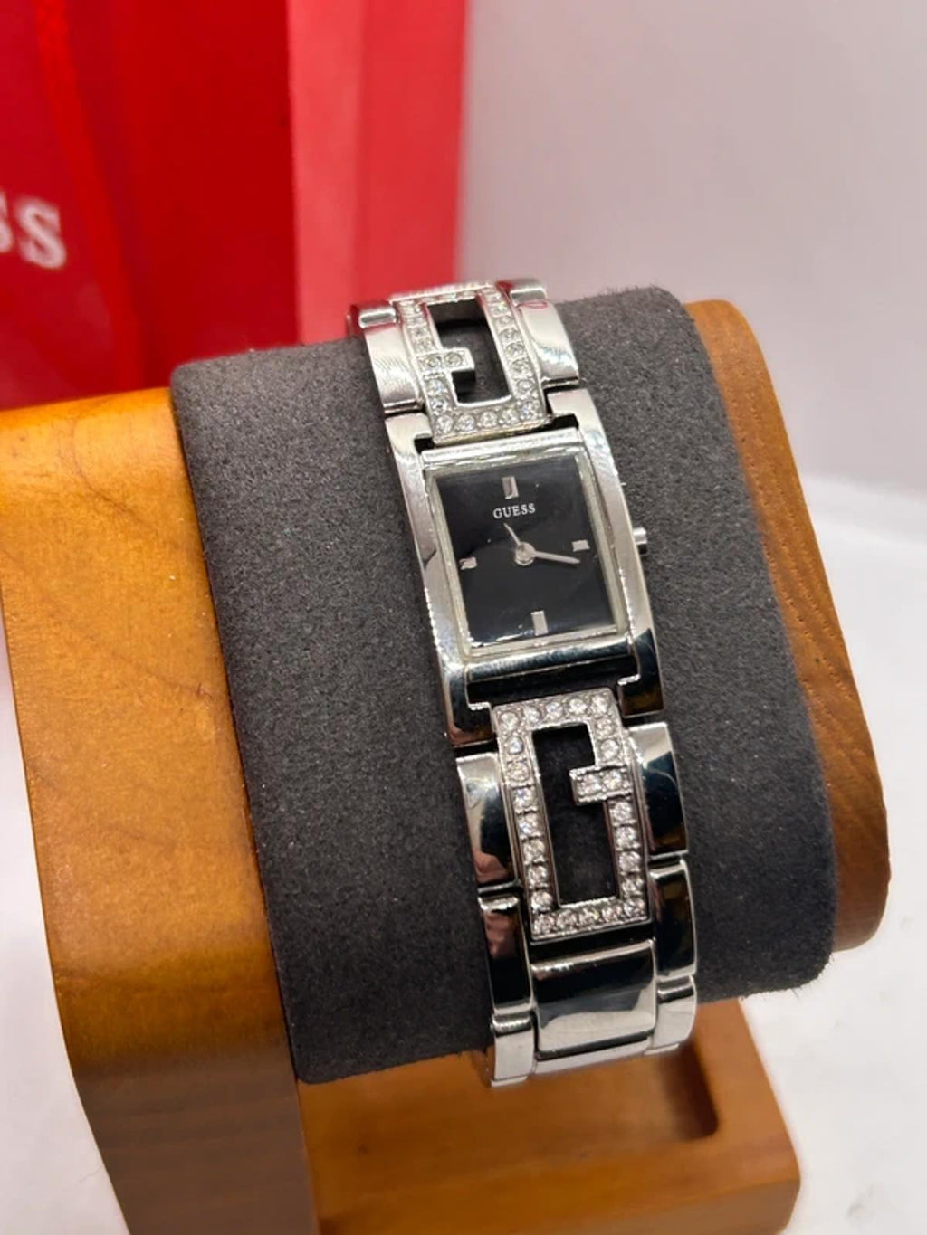Guess ladies silver tank watch black dial with box and papers