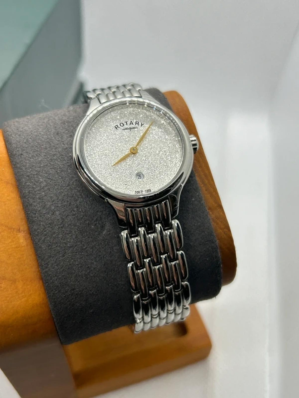 Ladies Rotary diamanté dial silver watch with box and papers