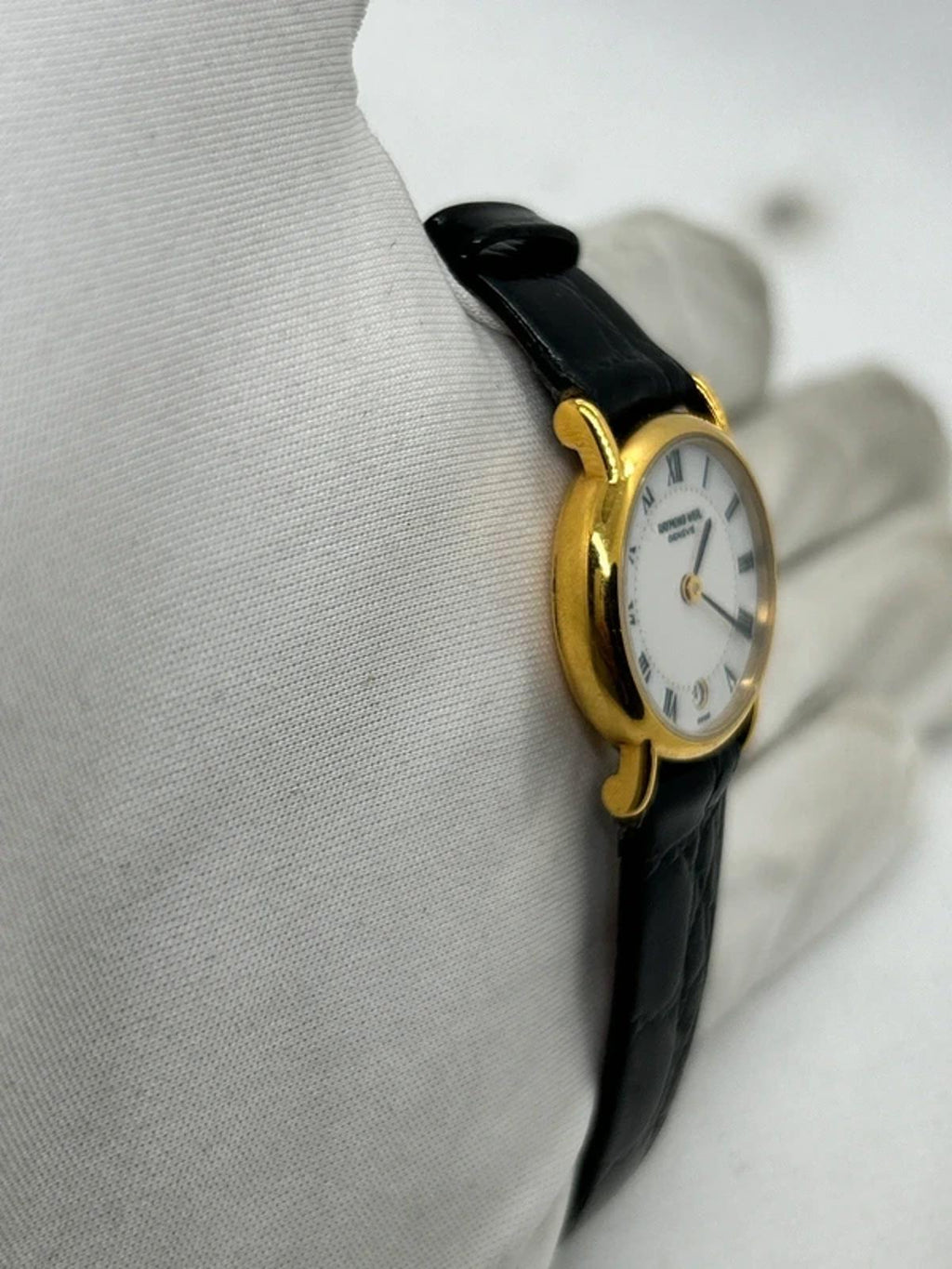 Raymond Weil 18k electro gold plated watch with white dial and black strap
