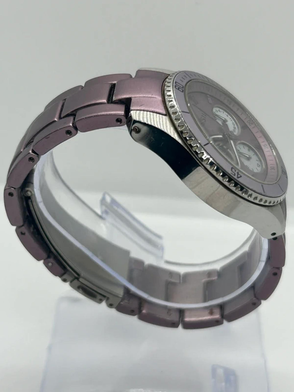 Ladies Lilac fossil quartz watch with gemstone bezel