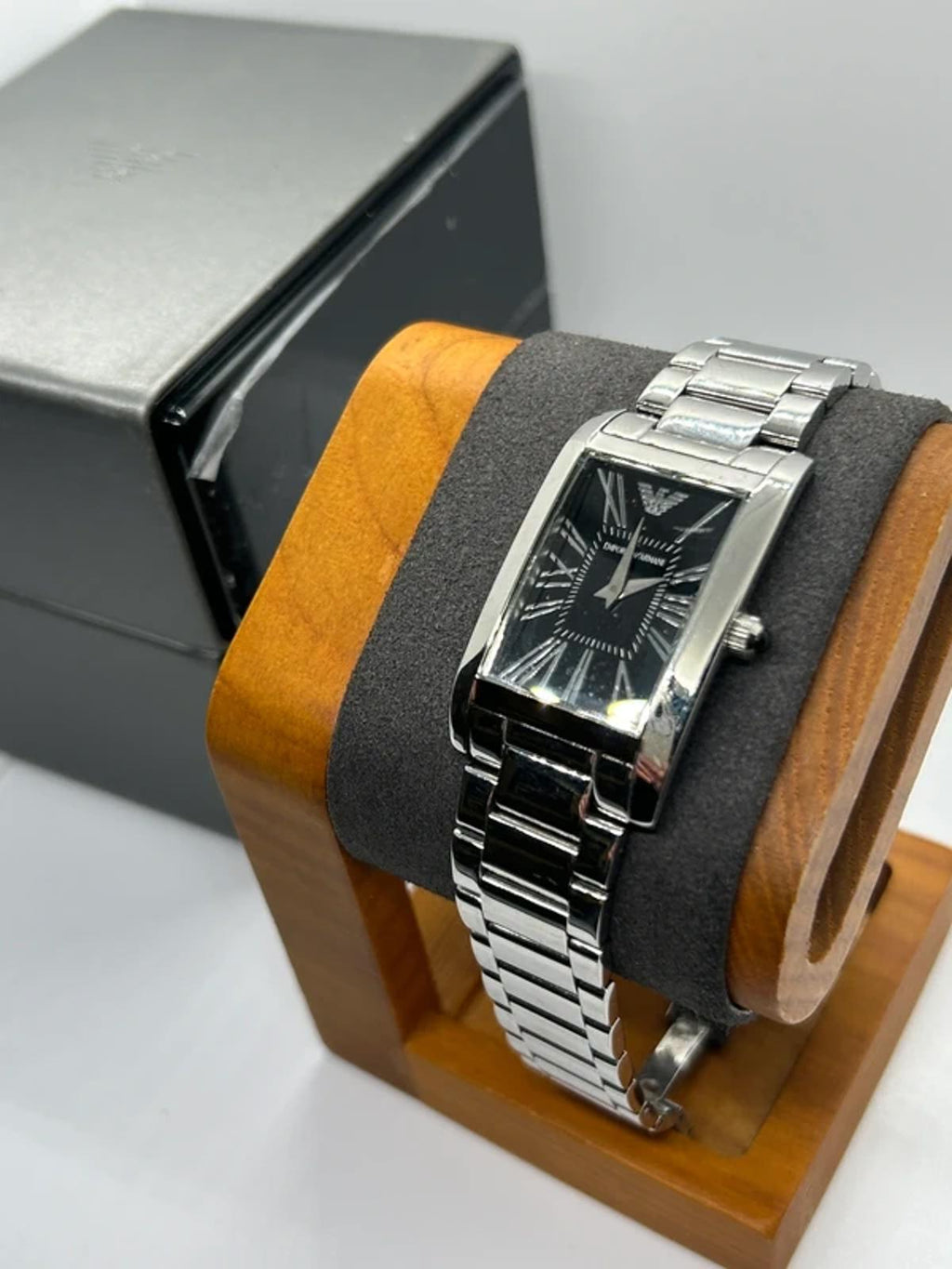 Unisex sized Emporio Armani  silver and black watch box and spare links
