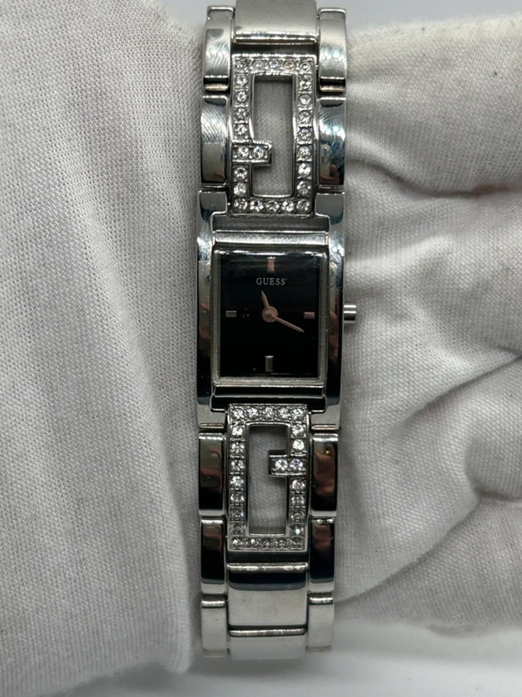 Guess ladies silver tank watch black dial with box and papers