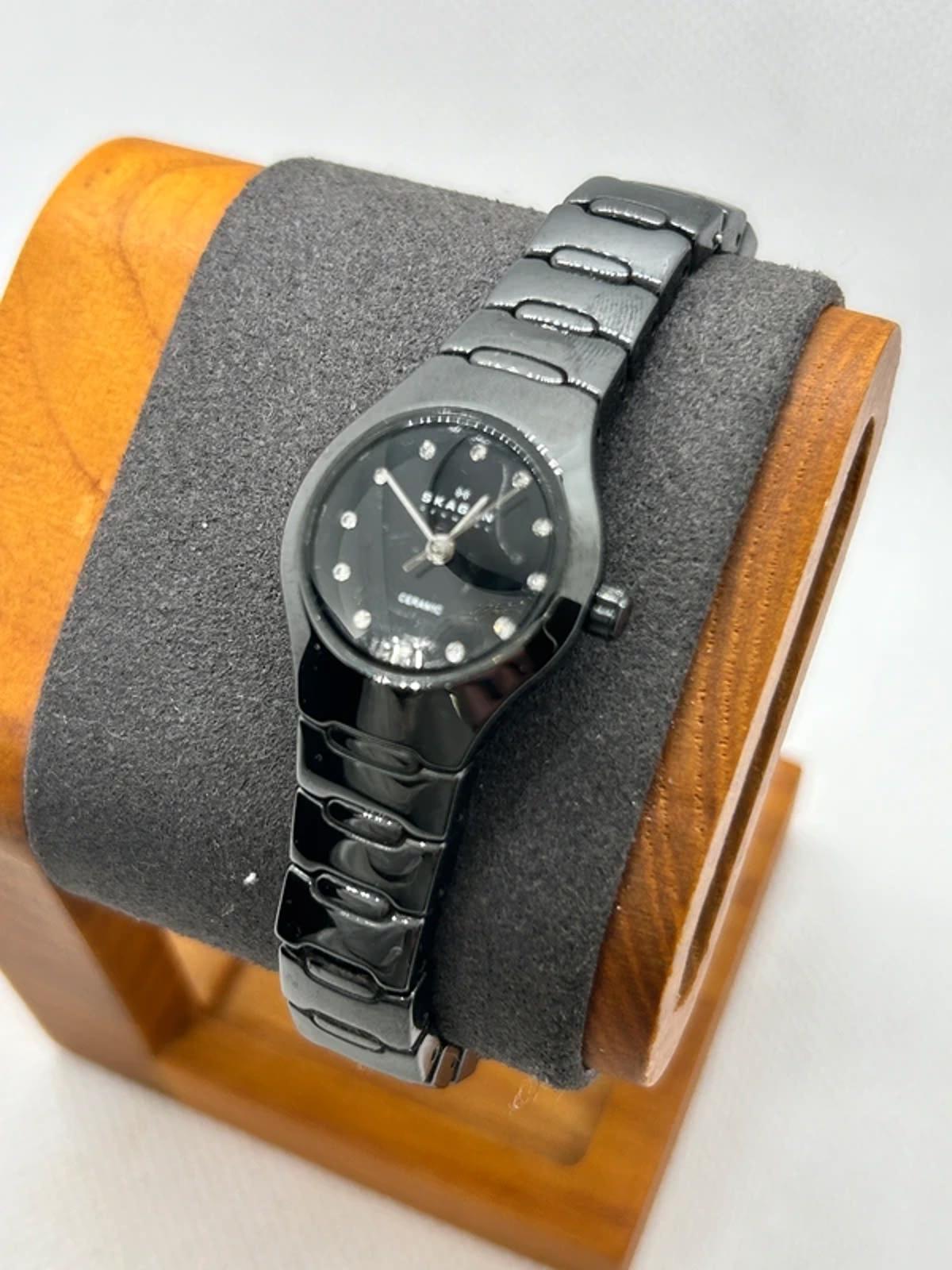 Ladies black Skagen watch with black dial and black bracelet