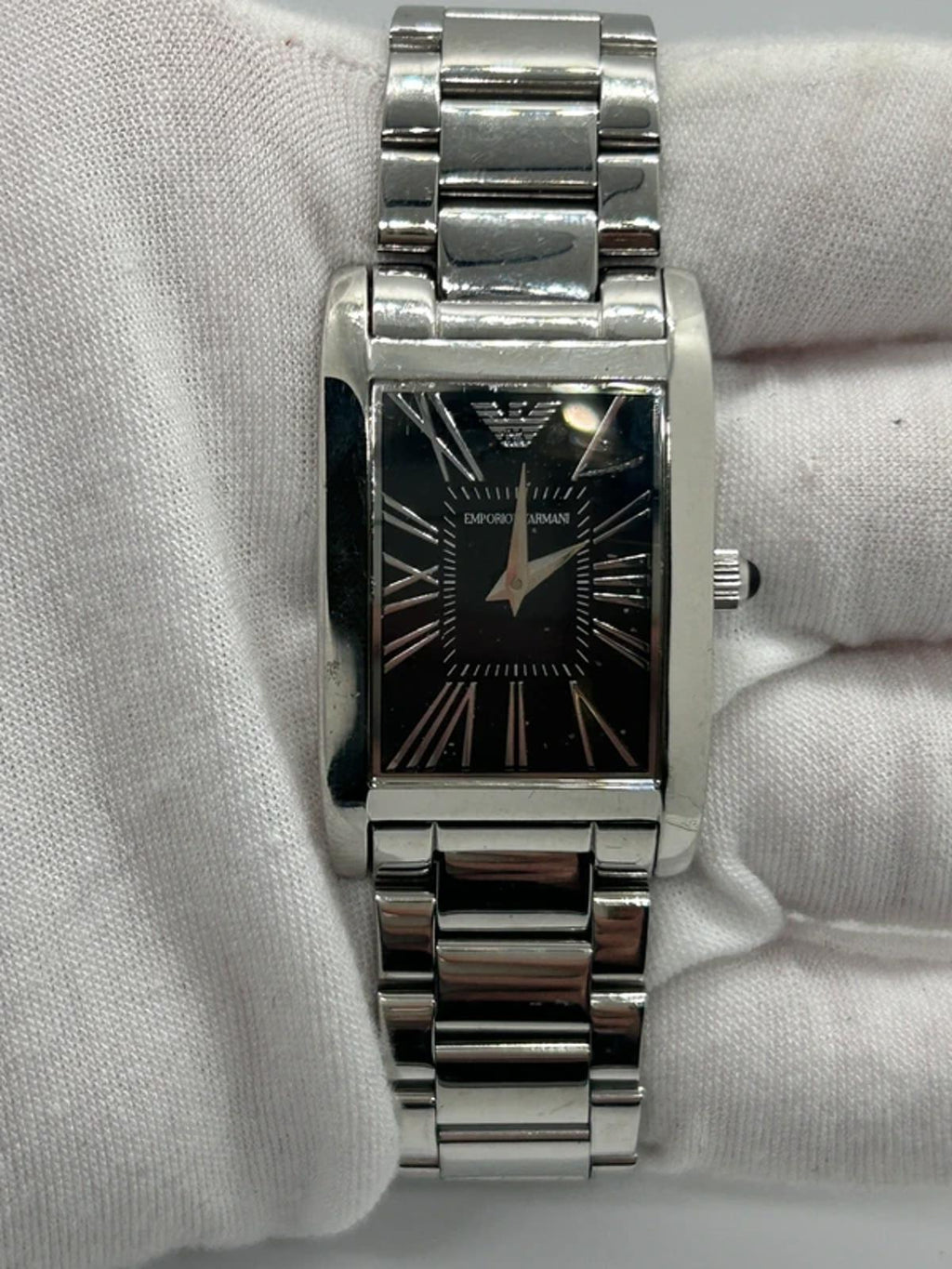 Unisex sized Emporio Armani  silver and black watch box and spare links