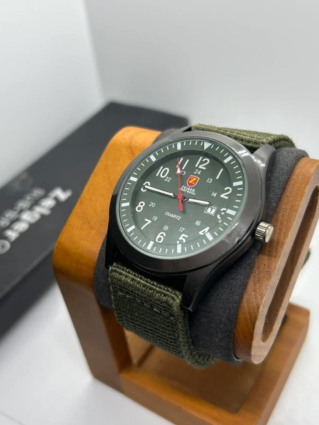 Zeiger sports watch with black case green dial and green fabric strap