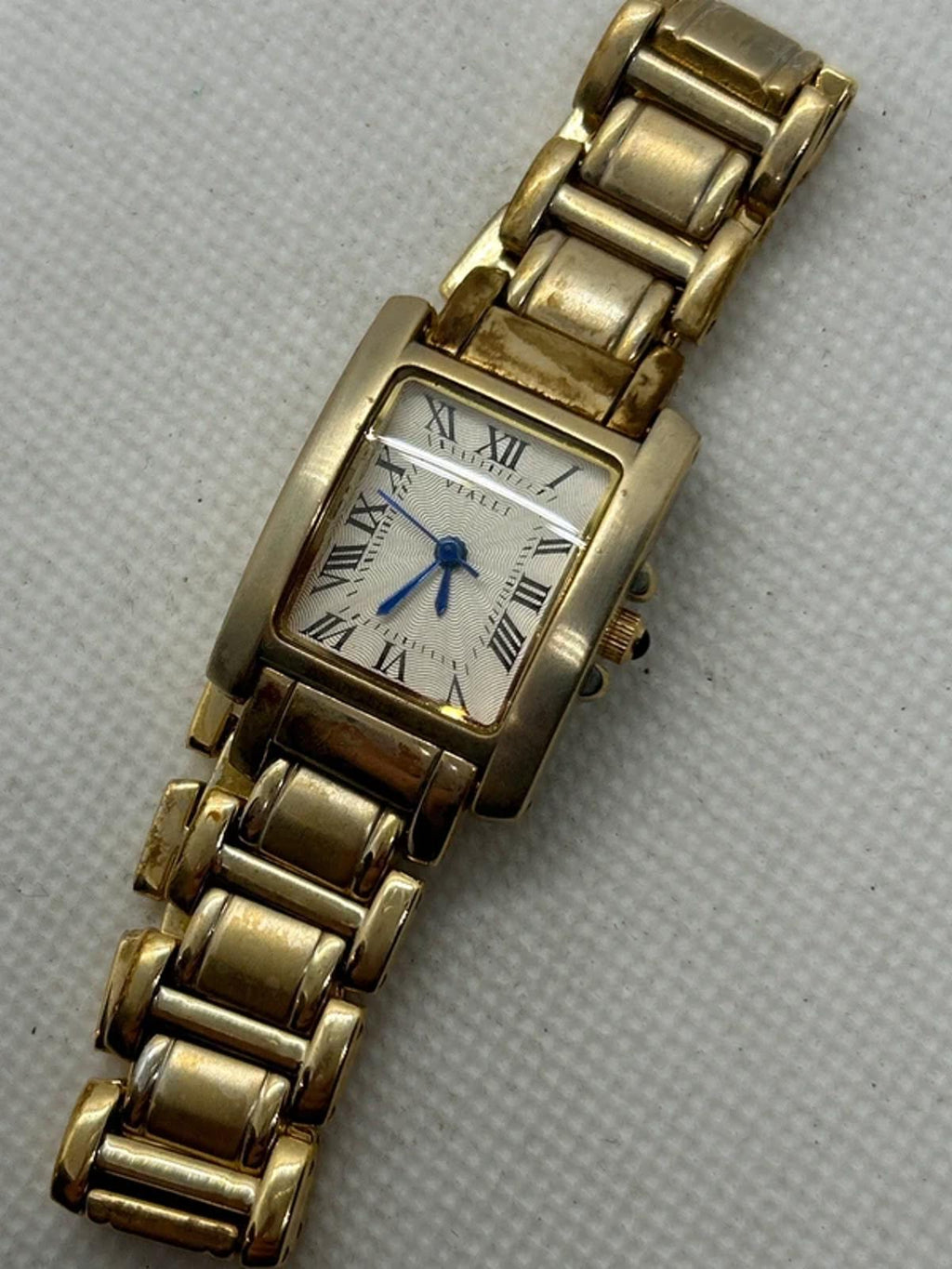 Vialli champagne gold tank watch with patina box and papers