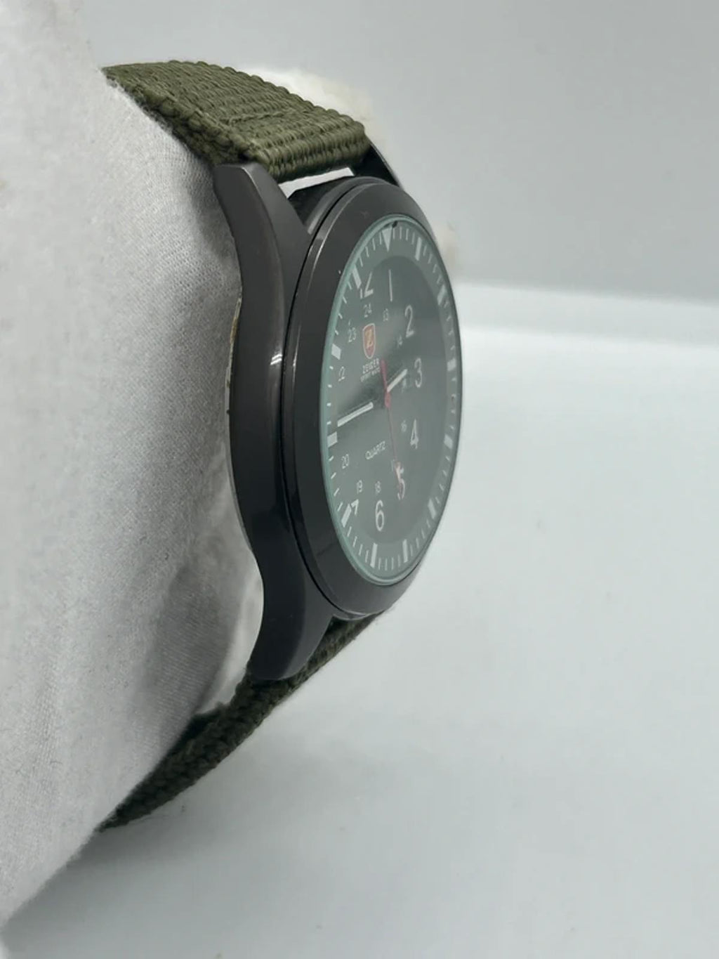 Zeiger sports watch with black case green dial and green fabric strap