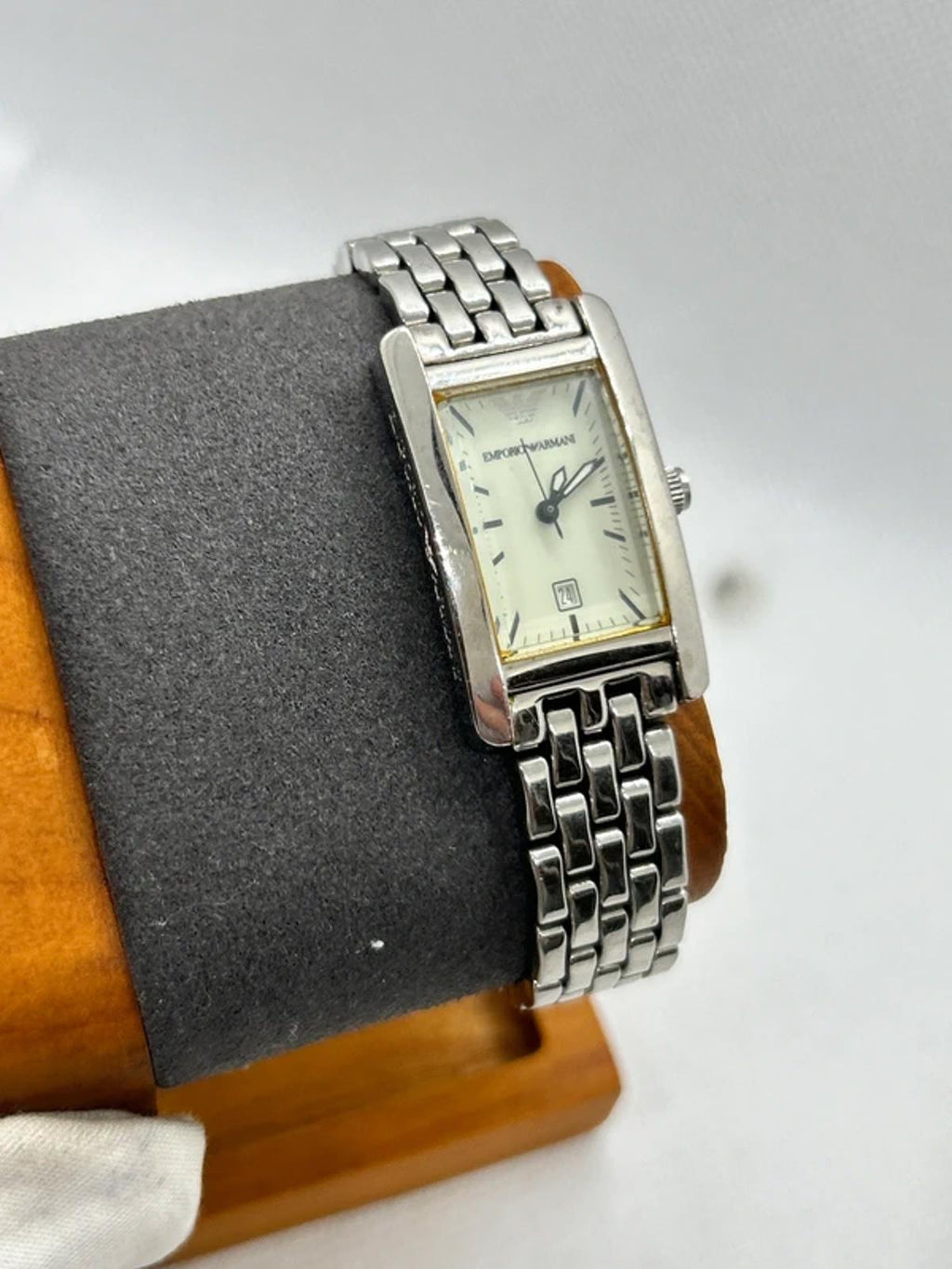 Emporio Armani ladies tank shape watch silver case mint dial