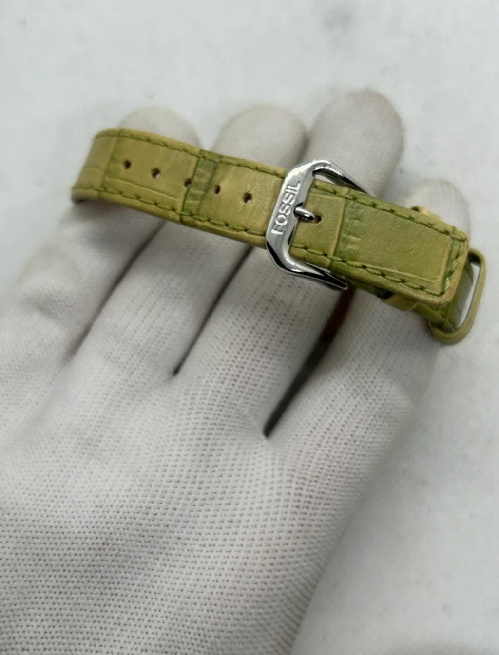 Ladies Fossil silver case watch with olive green strap with watch tin