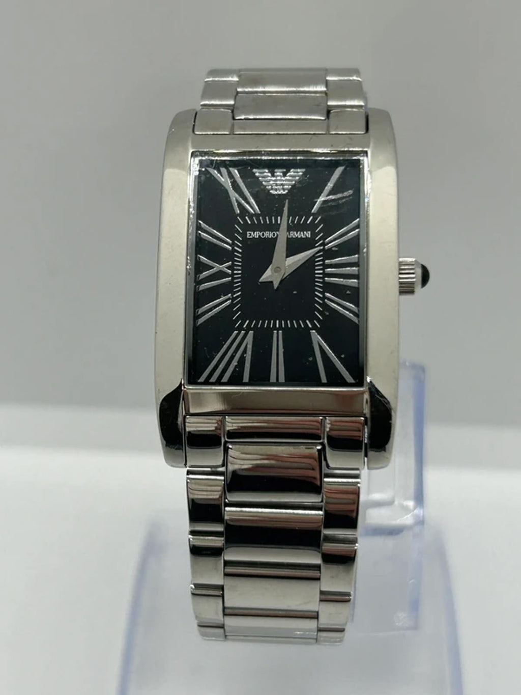 Unisex sized Emporio Armani  silver and black watch box and spare links