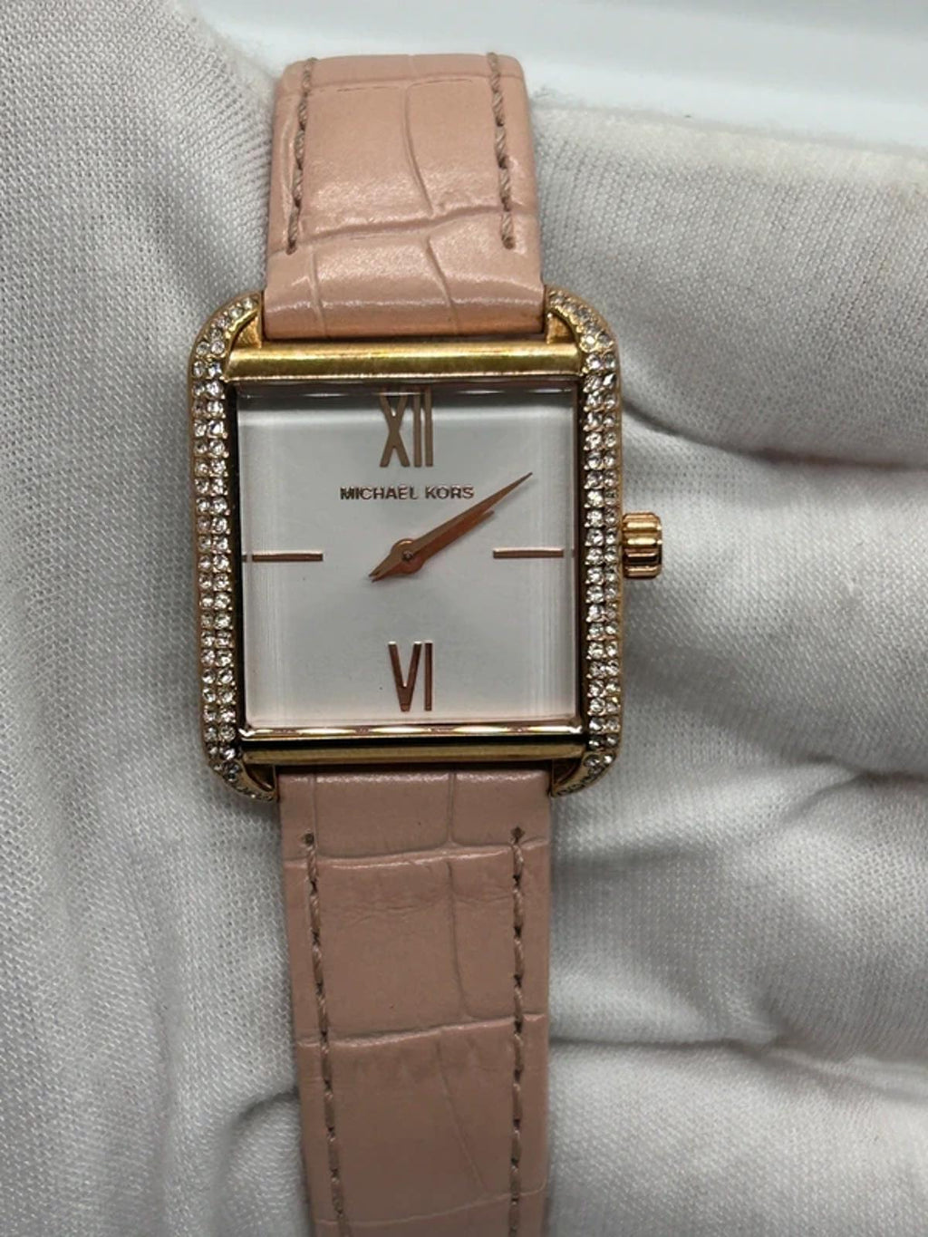Ladies Michael Kors gold square watch silver dial rose strap with box and papers