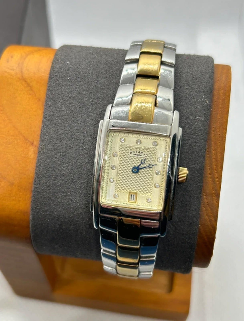 Stunning Ladies Rotary tank shape gold and silver watch with box and papers
