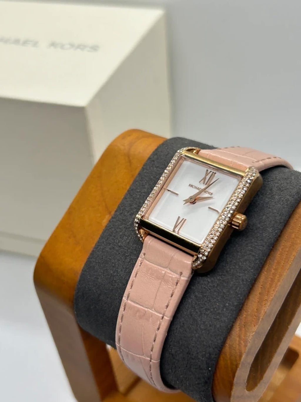 Ladies Michael Kors gold square watch silver dial rose strap with box and papers