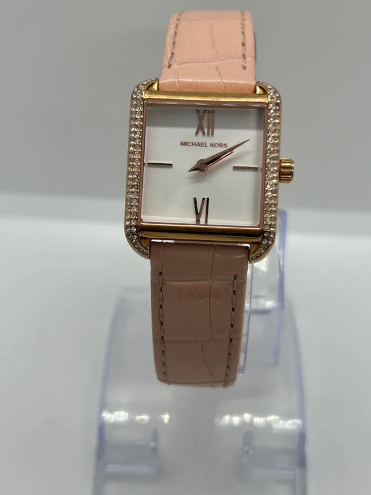 Ladies Michael Kors gold square watch silver dial rose strap with box and papers