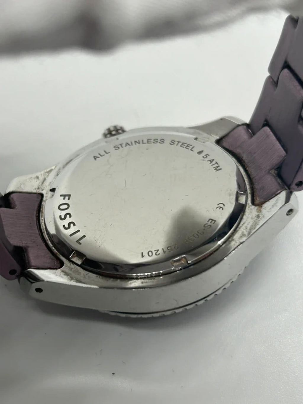Ladies Lilac fossil quartz watch with gemstone bezel